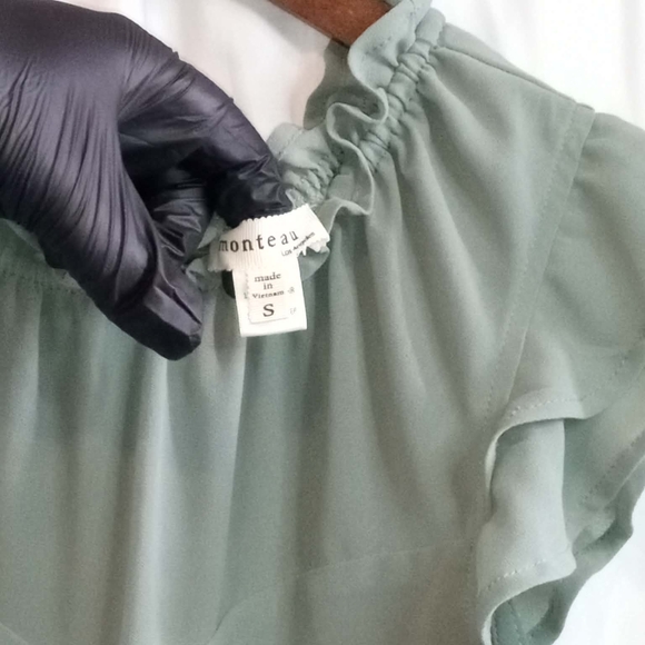 Monteau Small Sage Green Ruffle Tie Neck Blouse Short Flowy Fairy Cool Green Cap - Picture 5 of 5